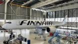 A Finnair A350-900 in the company's hangar at Helsinki Vantaa Airport. 