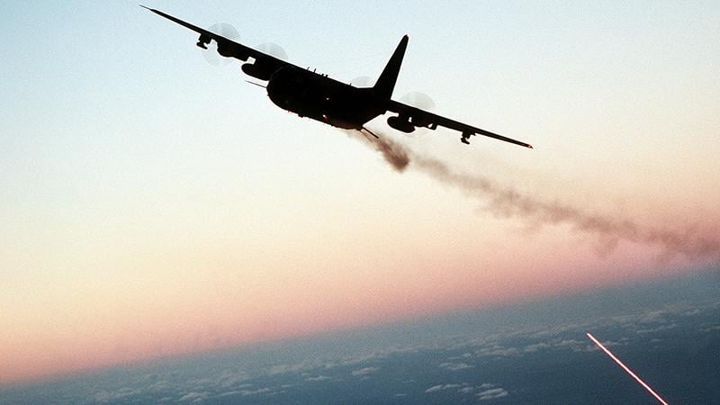 aircraft in flight at sunset